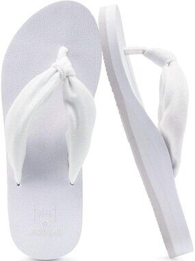 Women White Yoga Mat Arch Support Fabric Straps Flip Flops Knotted Thong Sandal
